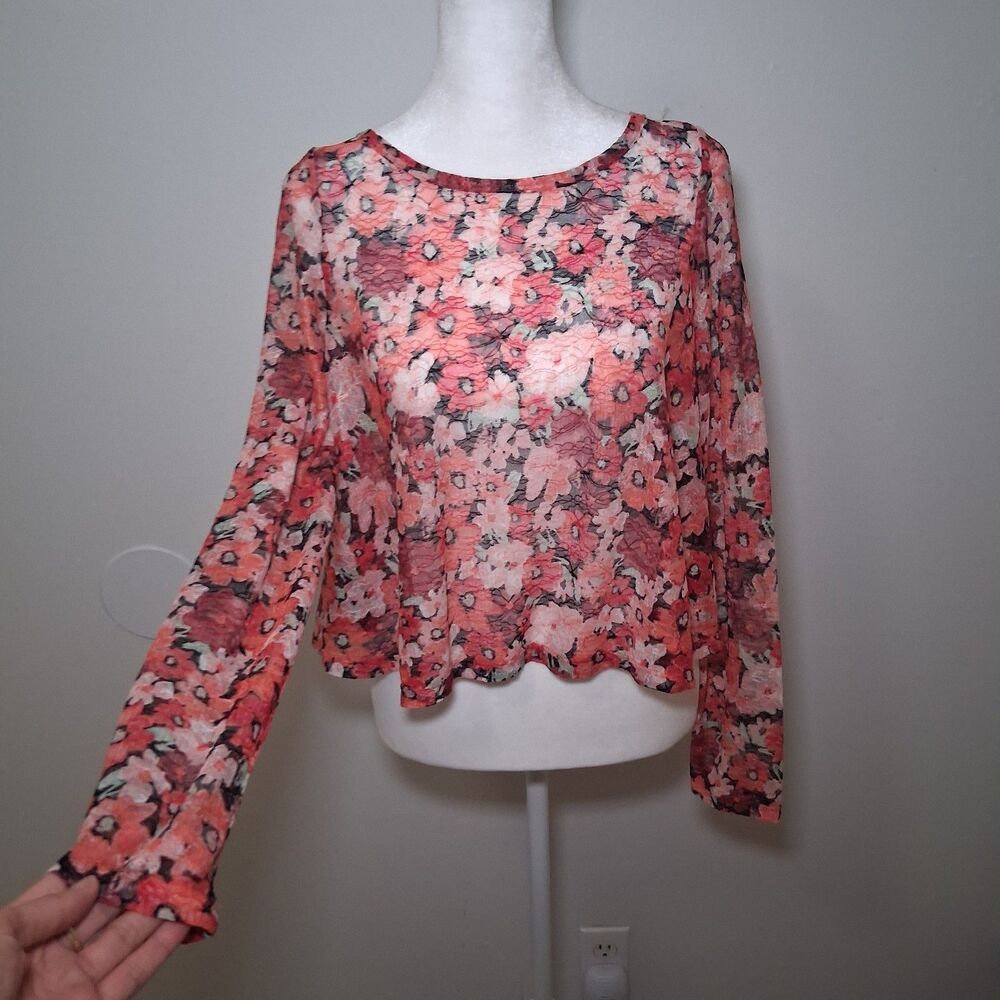 Floral Sheer Lace Crop Top Women's S  Coqutte Danity Feminine Bloomcore Colorful